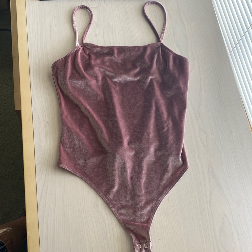 Fuzzy pink thong bodysuit with snaps